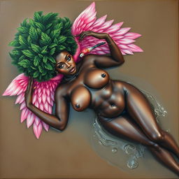 A polished, oil-based painting depicting a full nude body aerial view of a gorgeous black woman with a bright green tree afro and pink flamingo wings