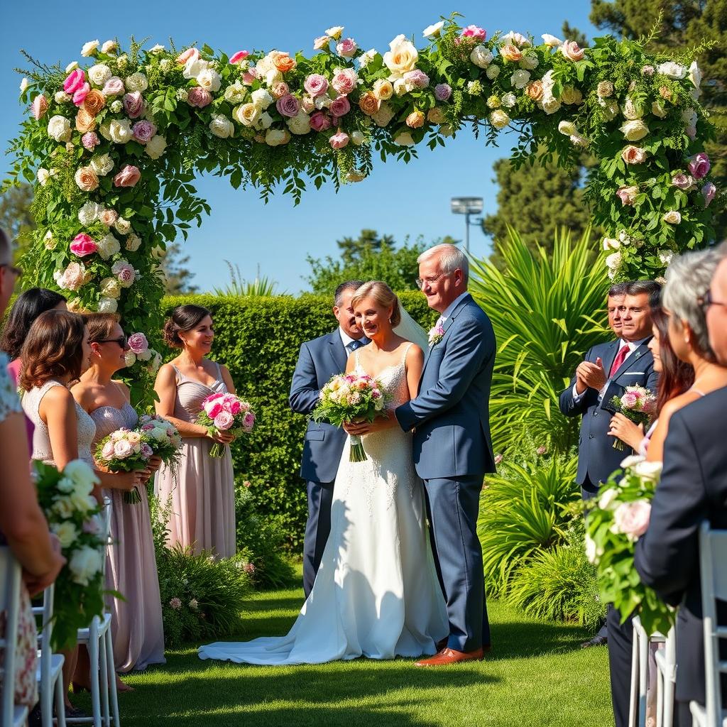 A bridal scene where a middle-aged couple stands at the altar, about to exchange vows in a beautifully decorated garden setting