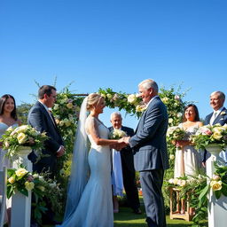 A bridal scene where a middle-aged couple stands at the altar, about to exchange vows in a beautifully decorated garden setting