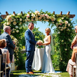 A bridal scene where a middle-aged couple stands at the altar, about to exchange vows in a beautifully decorated garden setting