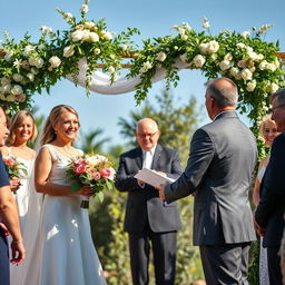 A bridal scene where a middle-aged couple stands at the altar, about to exchange vows in a beautifully decorated garden setting