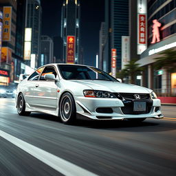 A Honda Civic EG cruising through a vibrant urban setting