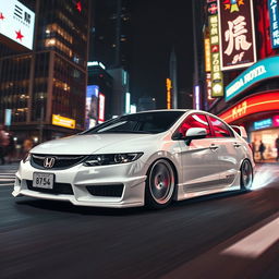 A Honda Civic EG cruising through a vibrant urban setting