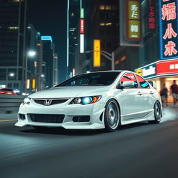 A Honda Civic EG cruising through a vibrant urban setting