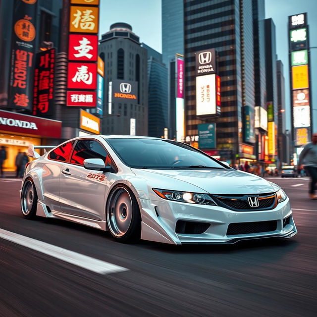 A Honda Civic EG cruising through a vibrant urban setting