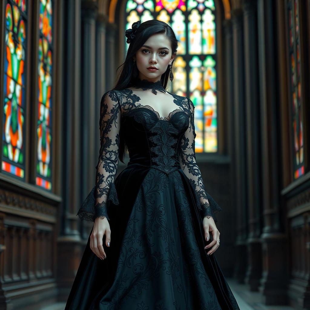 A beautiful white girl wearing a gothic dress, designed with intricate lace patterns and dark velvet fabric