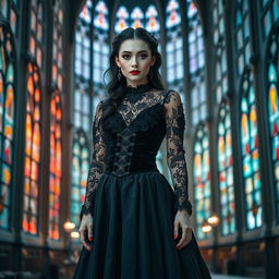 A beautiful white girl wearing a gothic dress, designed with intricate lace patterns and dark velvet fabric