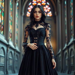 A beautiful white girl wearing a gothic dress, designed with intricate lace patterns and dark velvet fabric