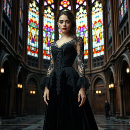 A beautiful white girl wearing a gothic dress, designed with intricate lace patterns and dark velvet fabric