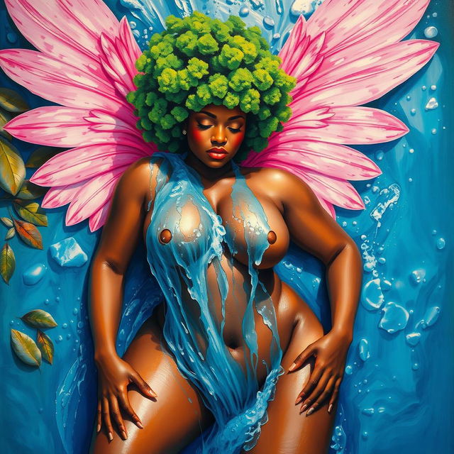 A polished, oil-based painting depicting a full nude body aerial view of a gorgeous black woman with a bright green tree afro and pink wings