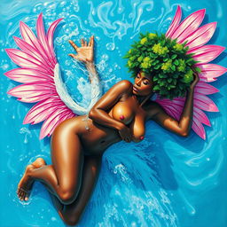 A polished, oil-based painting depicting a full nude body aerial view of a gorgeous black woman with a bright green tree afro and pink wings