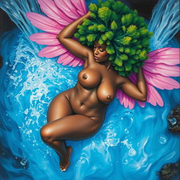 A polished, oil-based painting depicting a full nude body aerial view of a gorgeous black woman with a bright green tree afro and pink wings