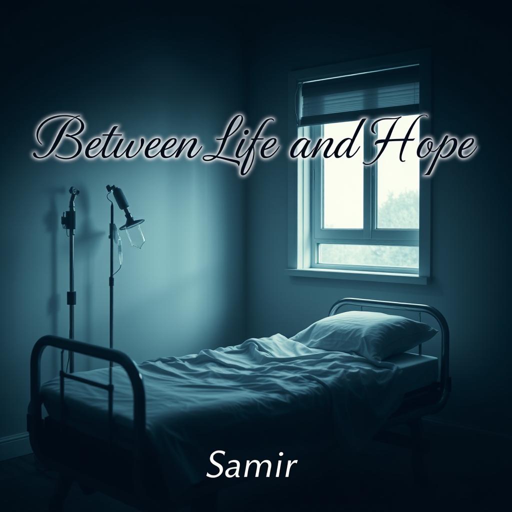 A melancholic book cover featuring an empty hospital bed in a dim room, symbolizing a journey between despair and hope