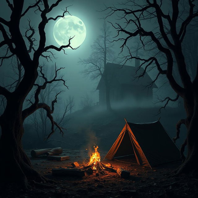 A chilling horror scene set in an eerie campsite