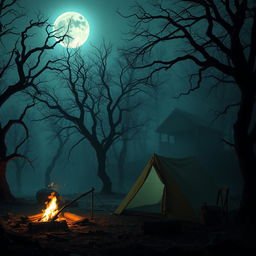 A chilling horror scene set in an eerie campsite