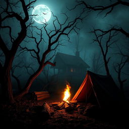 A chilling horror scene set in an eerie campsite