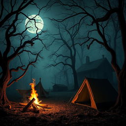 A chilling horror scene set in an eerie campsite