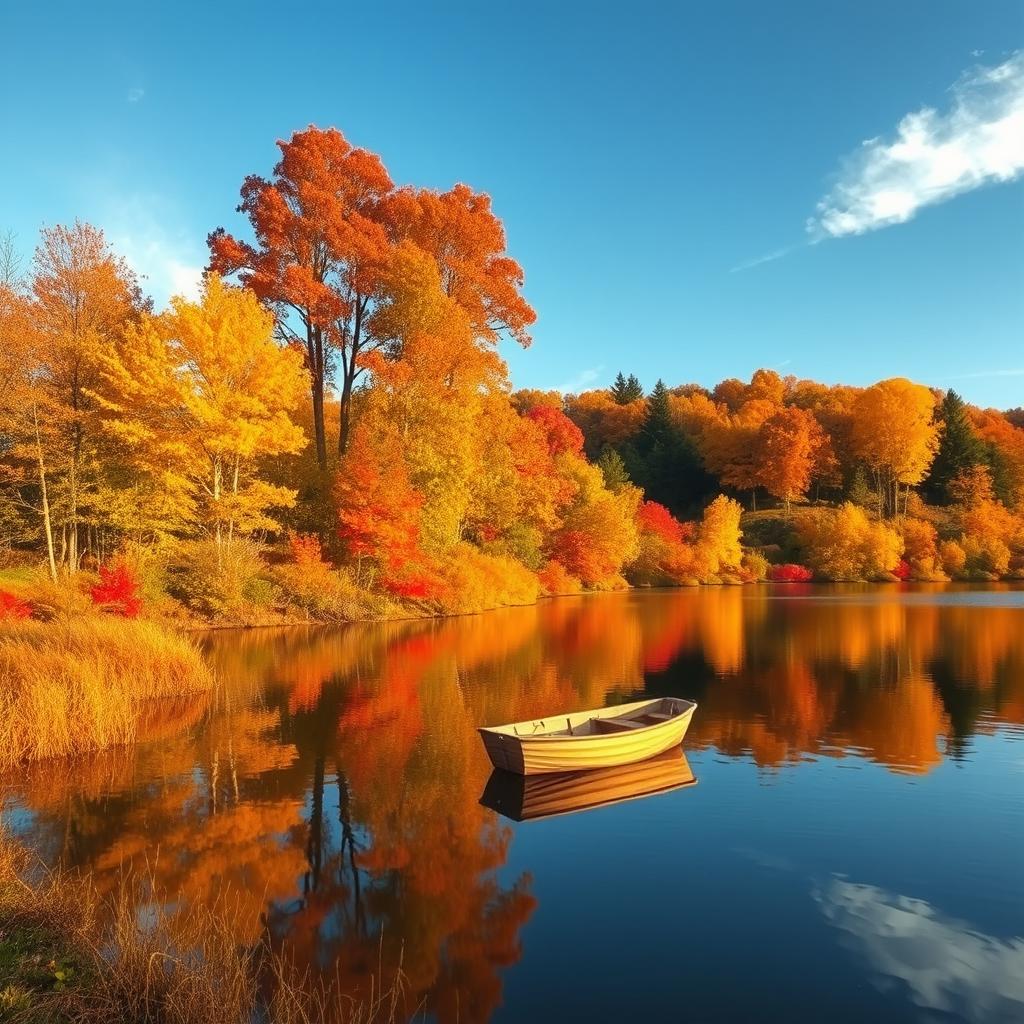 Create an image featuring an idyllic, colorful autumn landscape with a serene lake reflecting vibrant fall foliage