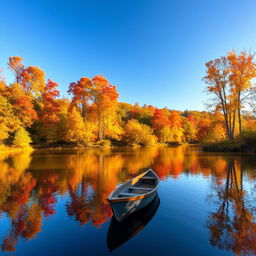 Create an image featuring an idyllic, colorful autumn landscape with a serene lake reflecting vibrant fall foliage