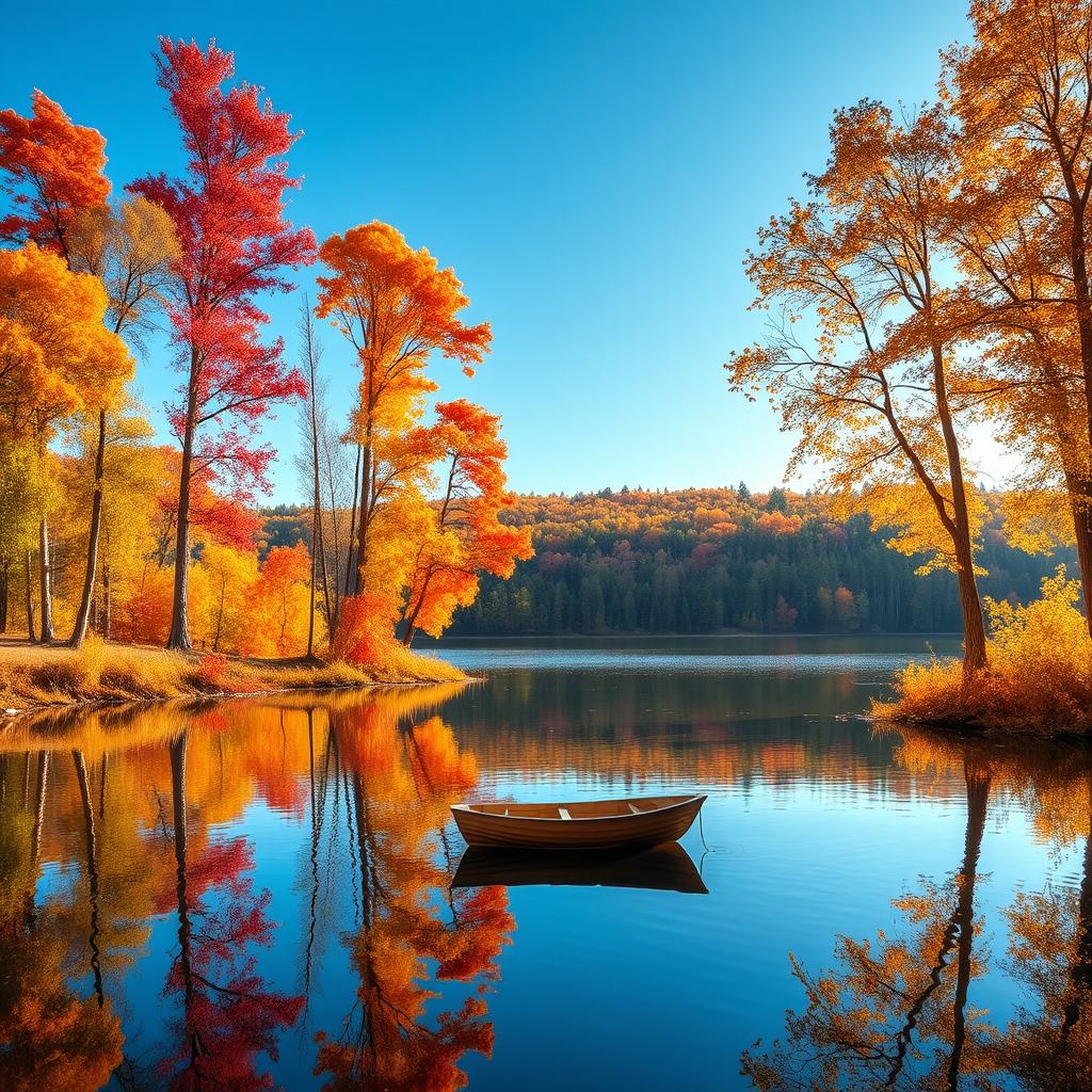 Create an image featuring an idyllic, colorful autumn landscape with a serene lake reflecting vibrant fall foliage