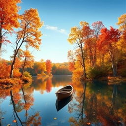 Create an image featuring an idyllic, colorful autumn landscape with a serene lake reflecting vibrant fall foliage