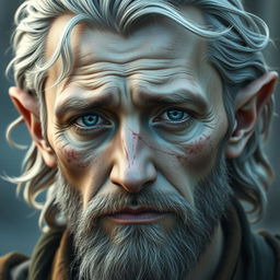 A half-elf male with pale skin, featuring deep blue eyes that convey a sincere yet tired look