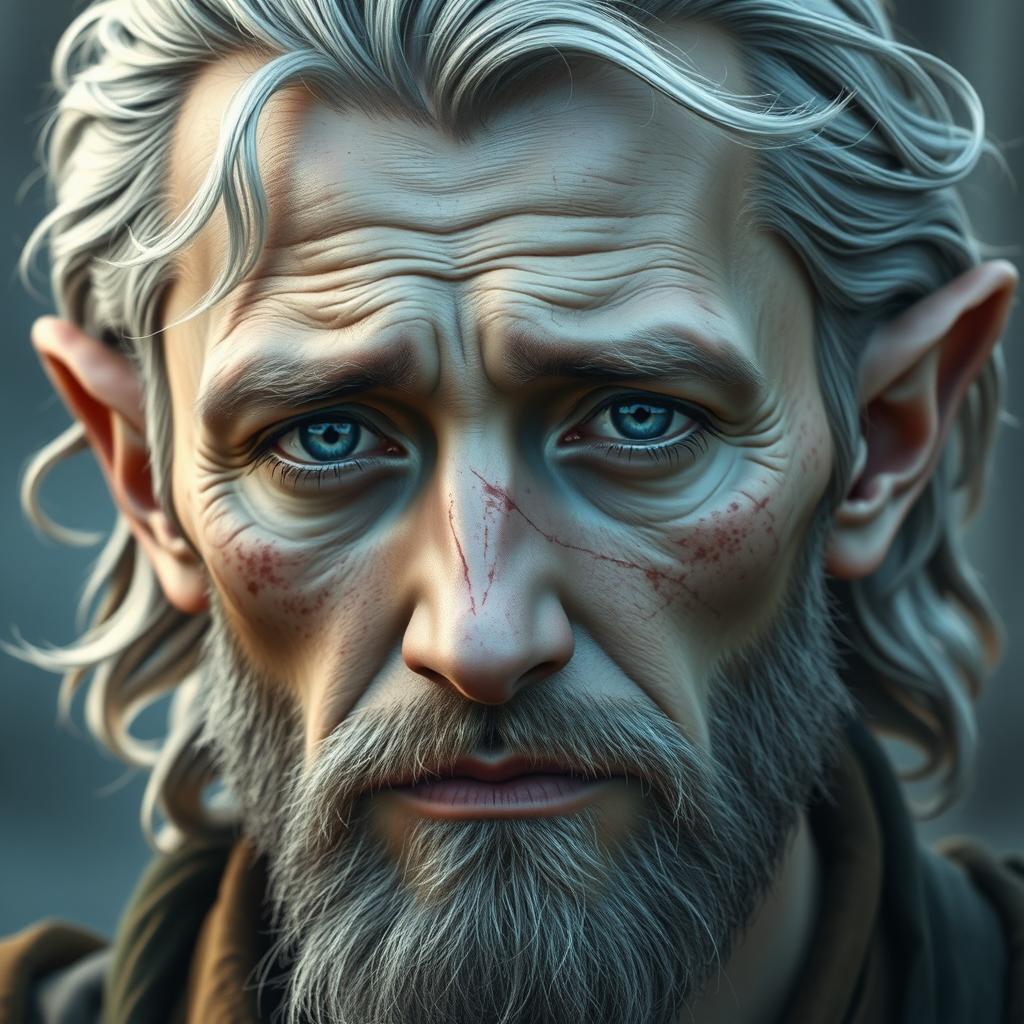 A half-elf male with pale skin, featuring deep blue eyes that convey a sincere yet tired look