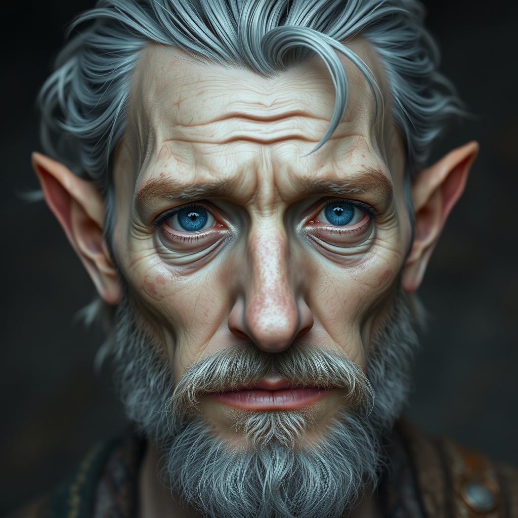 A half-elf male with pale skin, featuring deep blue eyes that convey a sincere yet tired look