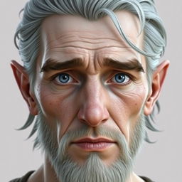 A half-elf male with pale skin, featuring deep blue eyes that convey a sincere yet tired look