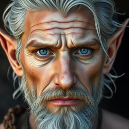 A half-elf male with pale skin, featuring deep blue eyes that convey a sincere yet tired look