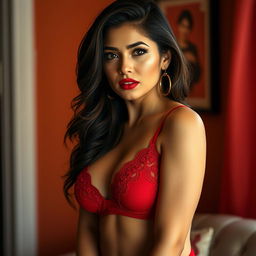 A sexy Latina woman wearing alluring red lingerie