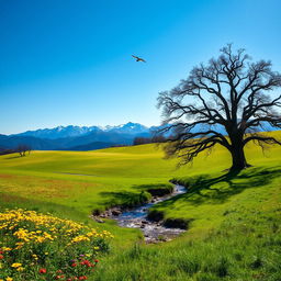 A majestic landscape with a rolling green meadow leading to a distant mountain range under a clear blue sky