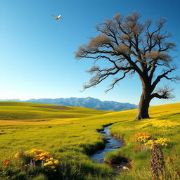 A majestic landscape with a rolling green meadow leading to a distant mountain range under a clear blue sky