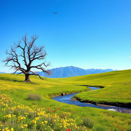 A majestic landscape with a rolling green meadow leading to a distant mountain range under a clear blue sky