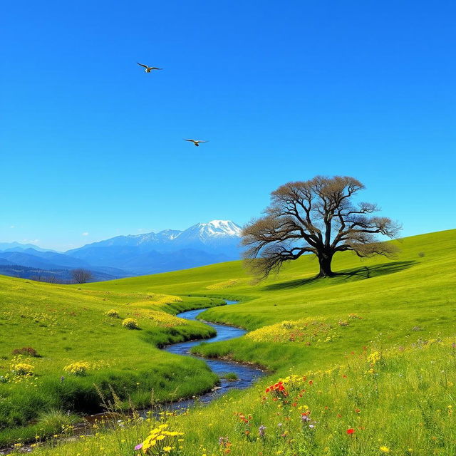 A majestic landscape with a rolling green meadow leading to a distant mountain range under a clear blue sky