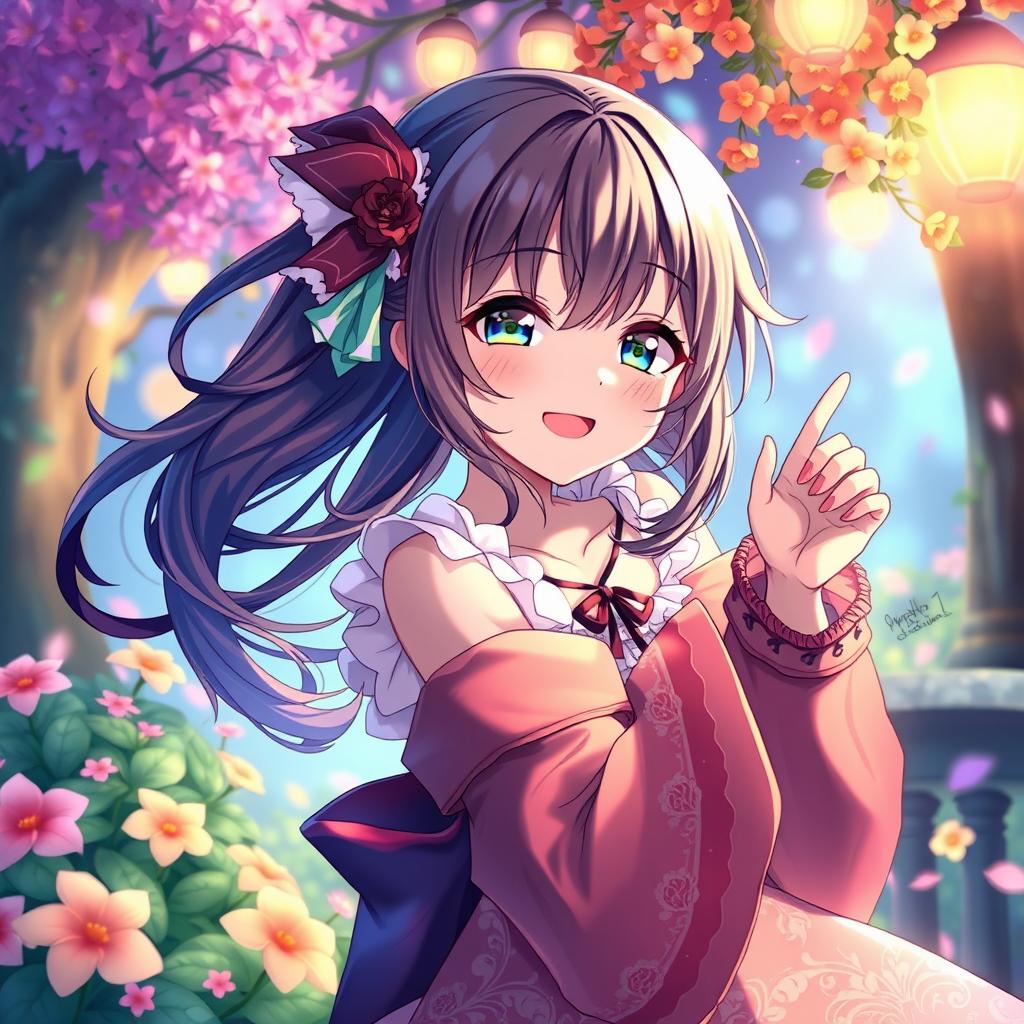 An anime-style scene depicting a waifu character enjoying a playful moment, surrounded by an enchanting atmosphere