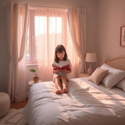 A girl in a cozy bedroom, decorated with soft lighting and pastel-colored furnishings