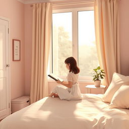 A girl in a cozy bedroom, decorated with soft lighting and pastel-colored furnishings