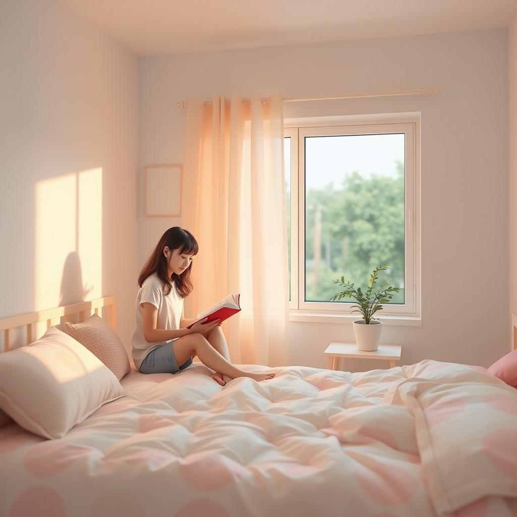 A girl in a cozy bedroom, decorated with soft lighting and pastel-colored furnishings