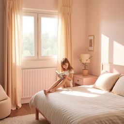 A girl in a cozy bedroom, decorated with soft lighting and pastel-colored furnishings