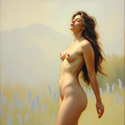 A tasteful and artistic depiction of a nude woman painted in the impressionist style