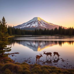 A serene and majestic landscape features a snow-capped mountain in the background, illuminated by the soft, golden rays of a setting sun