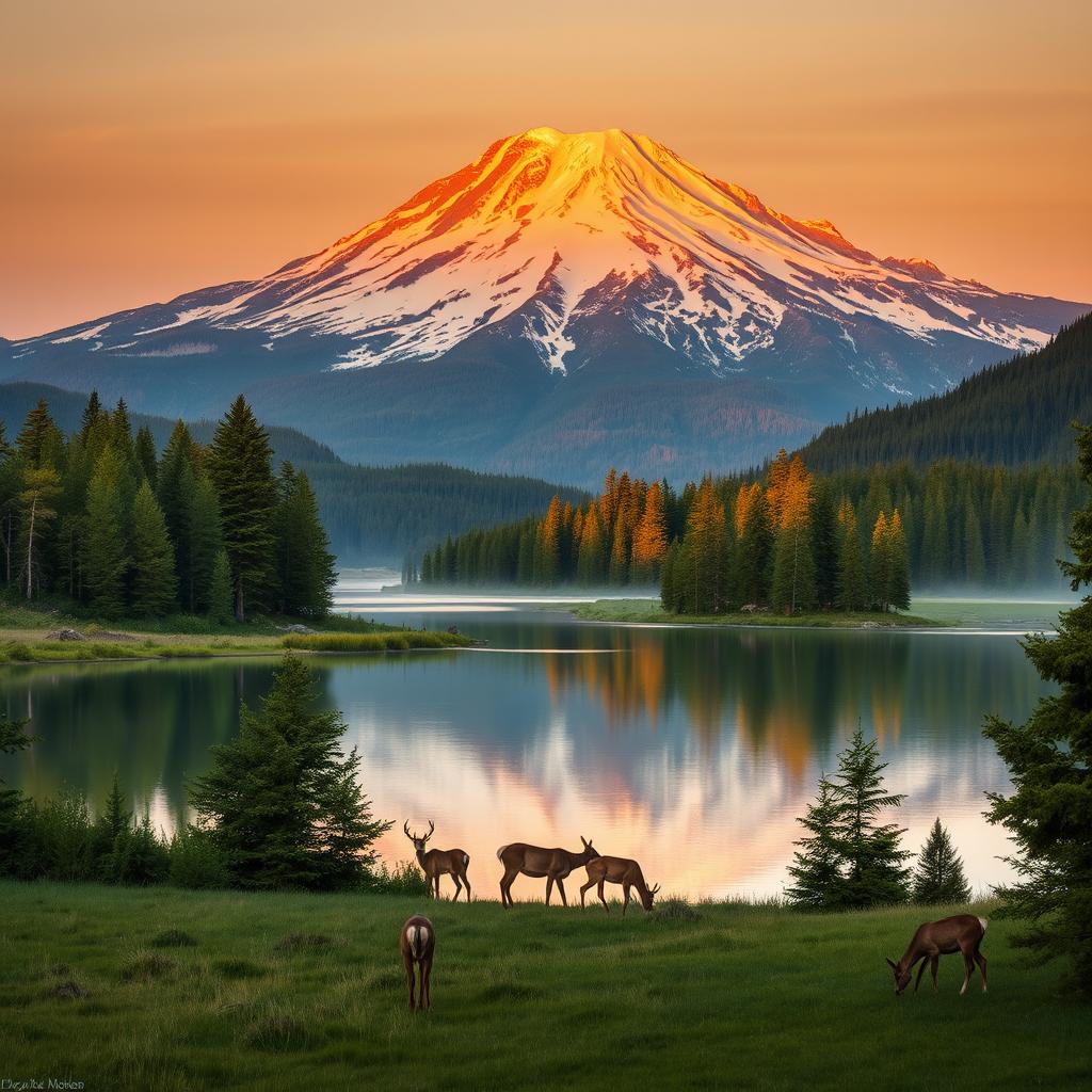 A serene and majestic landscape features a snow-capped mountain in the background, illuminated by the soft, golden rays of a setting sun