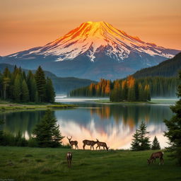 A serene and majestic landscape features a snow-capped mountain in the background, illuminated by the soft, golden rays of a setting sun