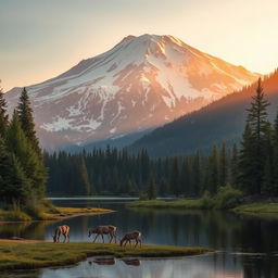 A serene and majestic landscape features a snow-capped mountain in the background, illuminated by the soft, golden rays of a setting sun