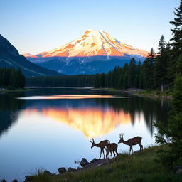 A serene and majestic landscape features a snow-capped mountain in the background, illuminated by the soft, golden rays of a setting sun