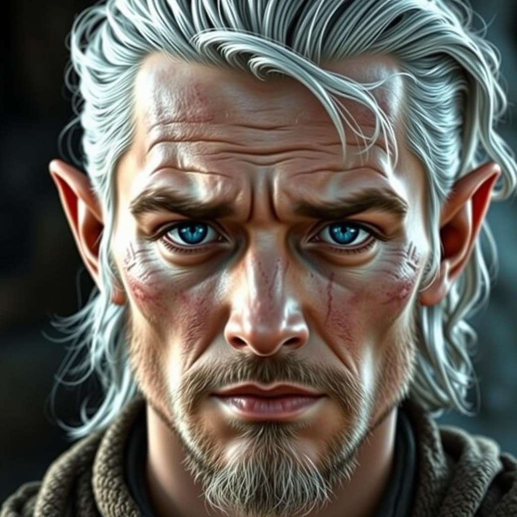 A handsome half-elf male with pale skin, featuring deep blue eyes that convey a sincere yet tired look