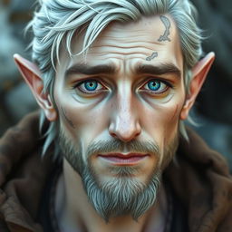 A handsome half-elf male with pale skin, featuring deep blue eyes that convey a sincere yet tired look