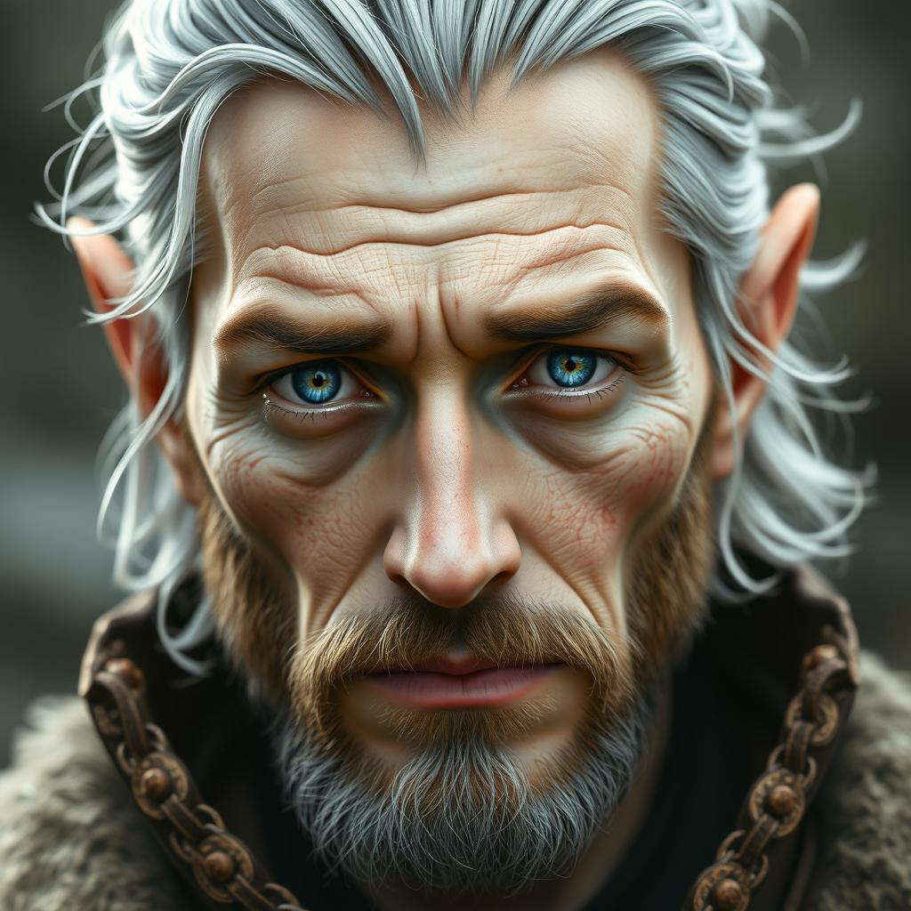 A handsome half-elf male with pale skin, featuring deep blue eyes that convey a sincere yet tired look