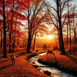 A serene landscape depicting a tranquil autumn forest during sunset, with golden leaves covering the ground and a gentle stream flowing through